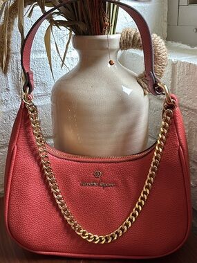 Nanette Lepore Coral-Pink Leather Hobo with Gold Chain